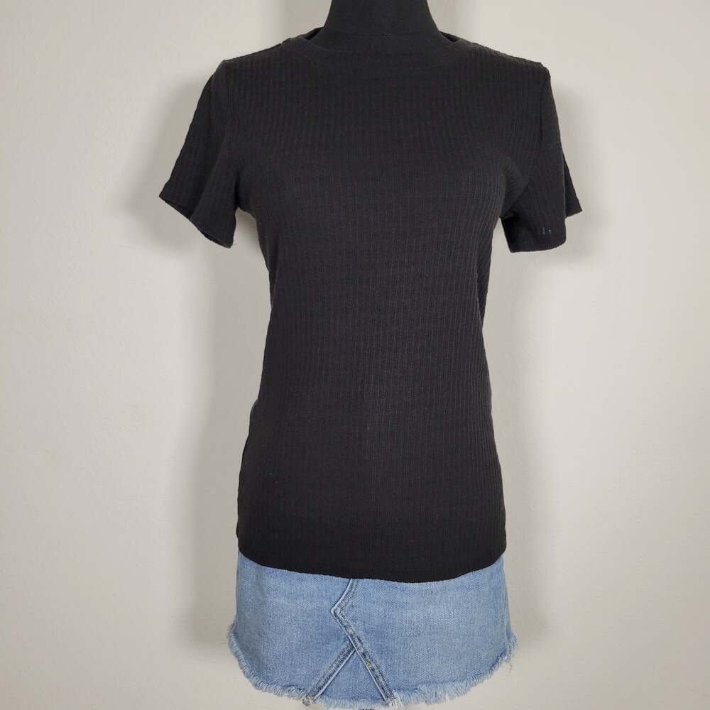 Pilcro Anthropologie Black Ribbed Knit Short Sleeve Crewneck Top Women's Medium
